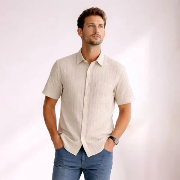 پیراهن آستین کوتاه لینن استخوانی کانی راش